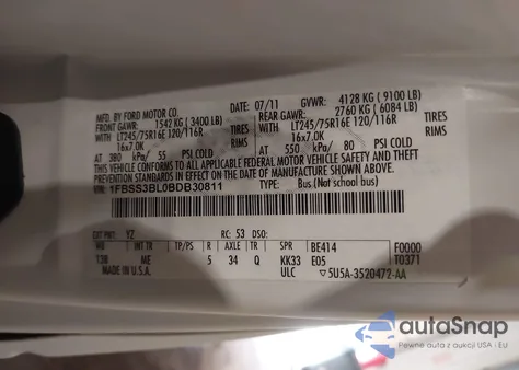 2011 Ford E-350 Super Duty Xlt из США, поврежденный, VIN 1FBSS3BL0BDB30811